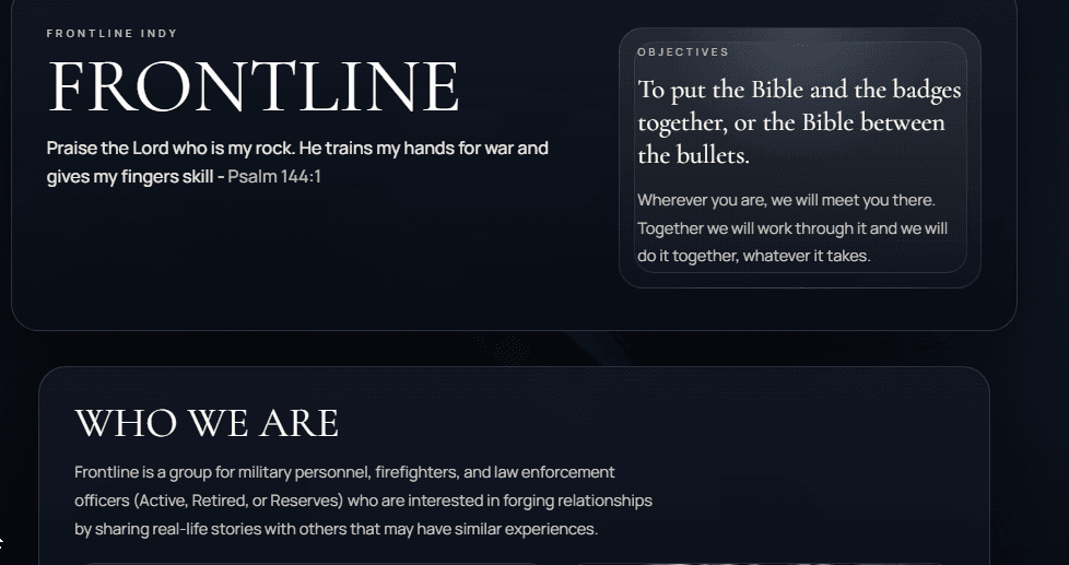 Homepage screenshot for Frontline Indy.