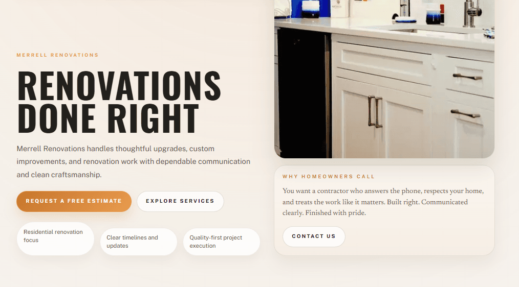 Homepage screenshot for Merrell Renovations.
